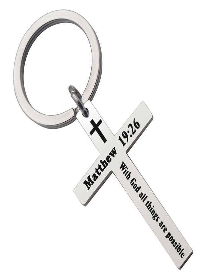 CHENVA Bible Verse Cross Keychain Strength Bible Verse Stainless Steel Key Ring Christian Gift for Women Men (MATTHEW 19:26) - Image 1